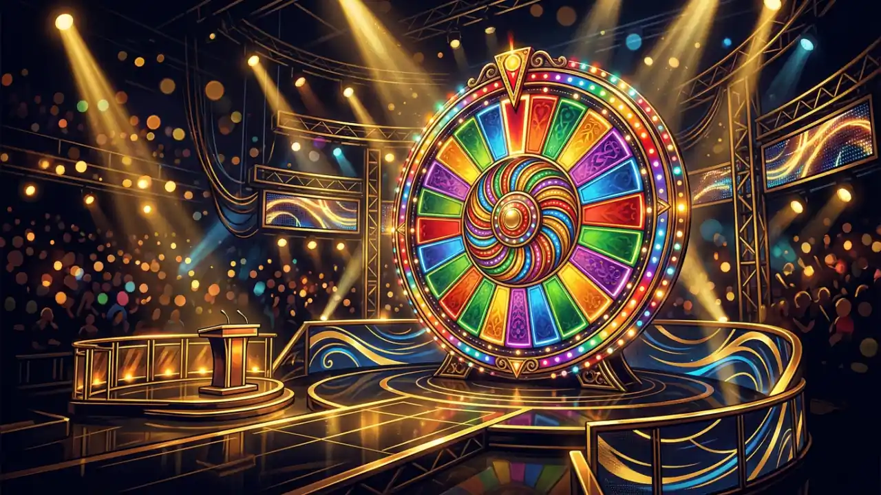 Game show casino live con ruota e presentatore energico in studio