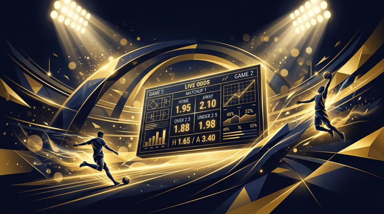 Sports betting odds board and live match atmosphere
